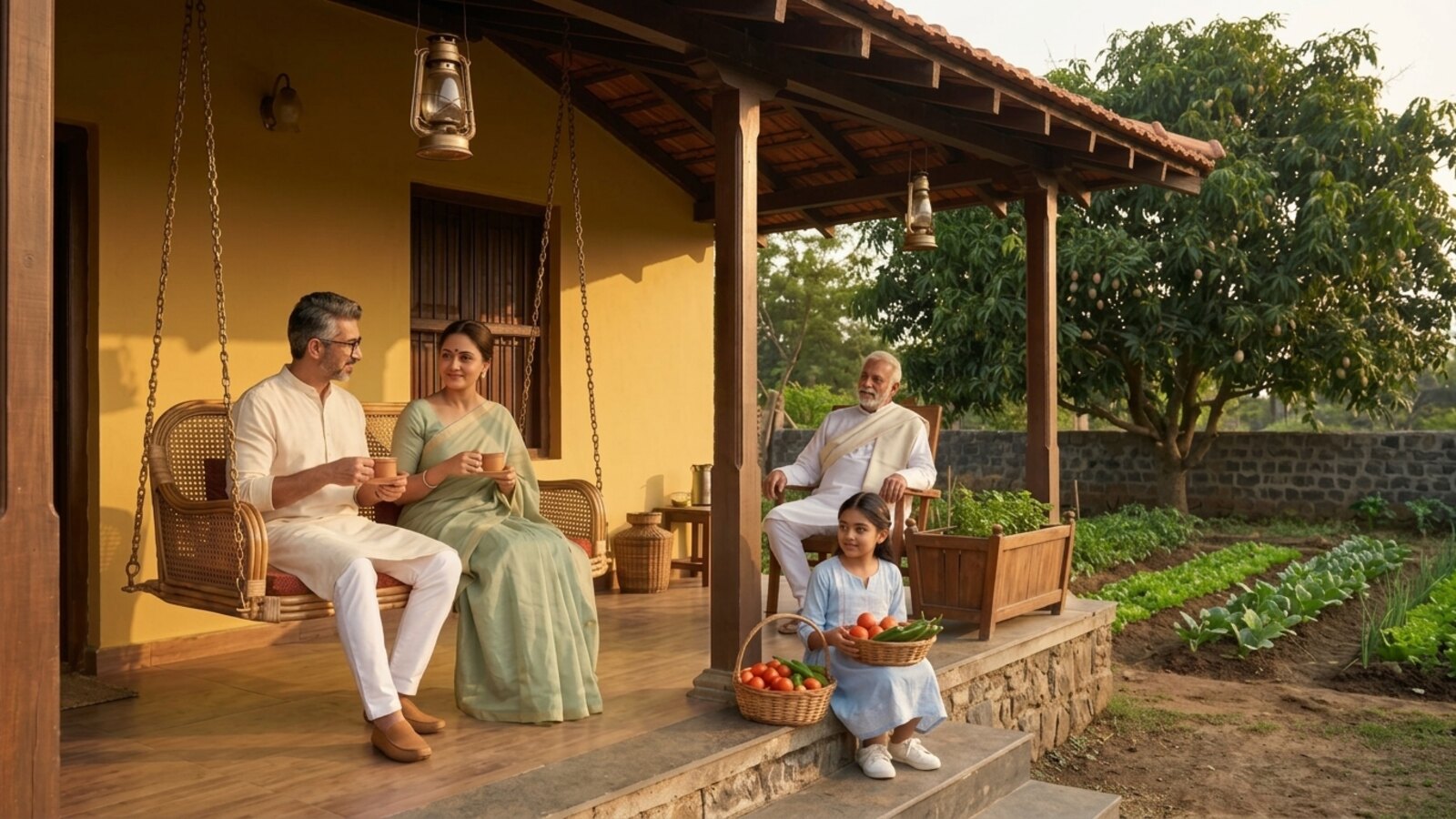 A family on the timber verandah of their Asalgaam farm villa at golden hour